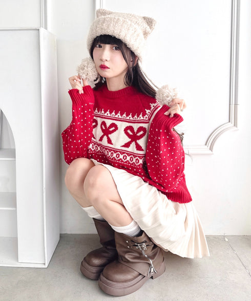 リボンノルディックニットプルオーバー | LO2254013 | レッド