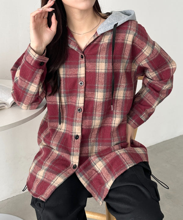 フード付きチェックシャツ | CL2253030 | レッド