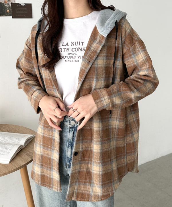フード付きチェックシャツ | CL2253030 | マスタード