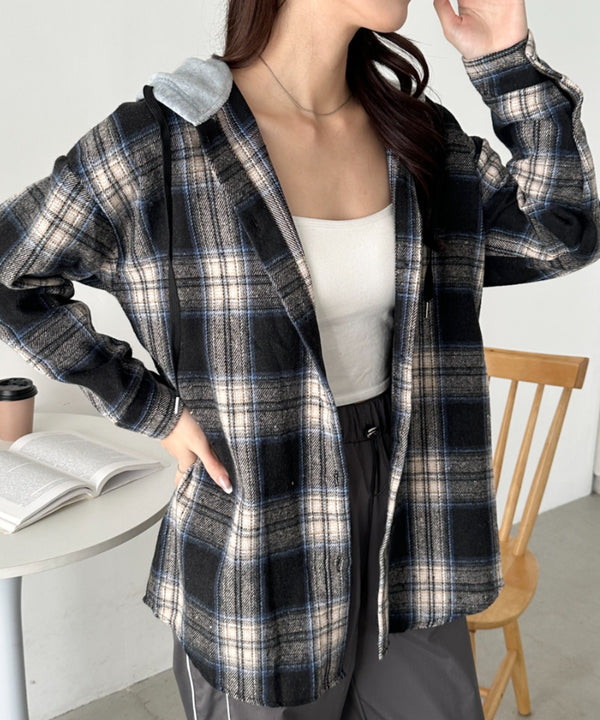 フード付きチェックシャツ | CL2253030 | ブラック