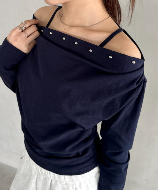 スタッズオフショルサイドギャザートップス | BA2253026 | ネイビー