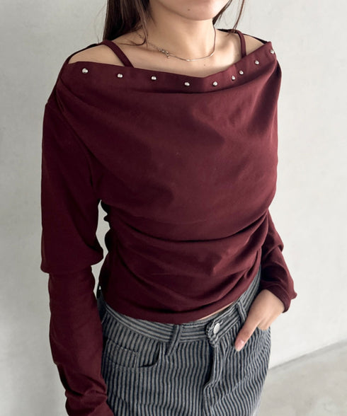 スタッズオフショルサイドギャザートップス | BA2253026 | レッド