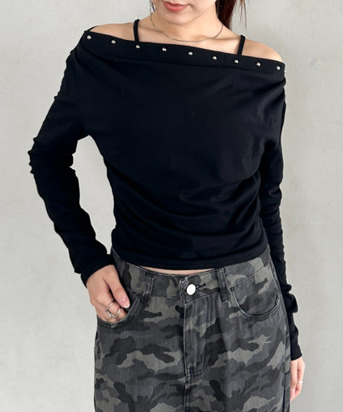 スタッズオフショルサイドギャザートップス | BA2253026 | ブラック