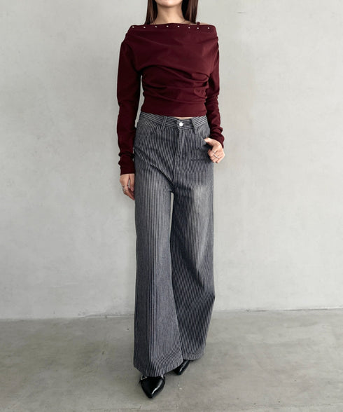 スタッズオフショルサイドギャザートップス | BA2253026 | レッド