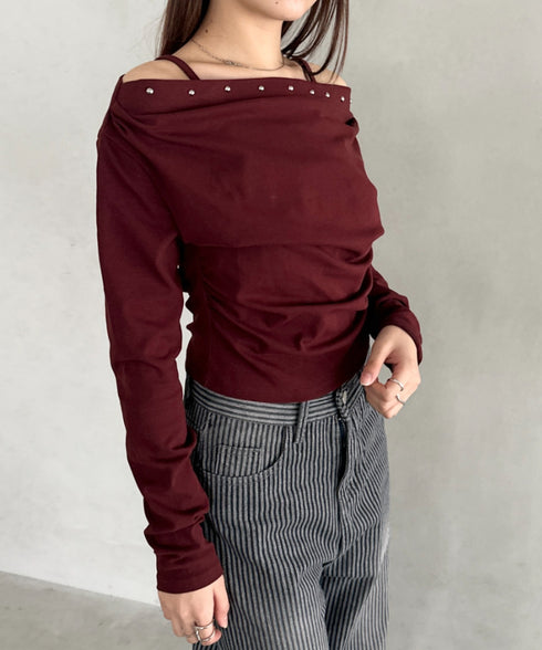 スタッズオフショルサイドギャザートップス | BA2253026 | レッド