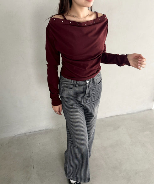 スタッズオフショルサイドギャザートップス | BA2253026 | レッド