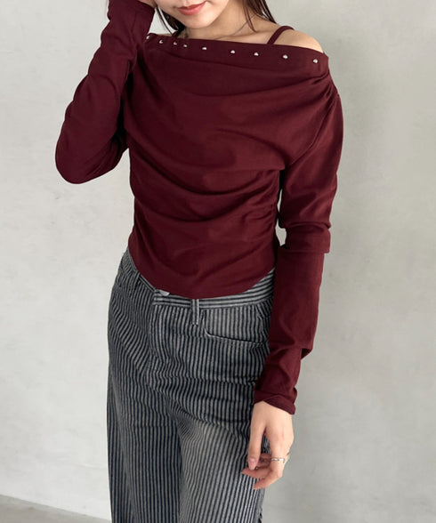 スタッズオフショルサイドギャザートップス | BA2253026 | レッド