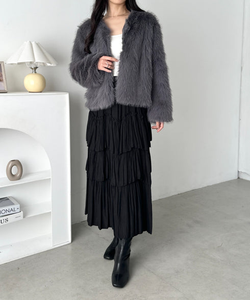 ノーカラーショート丈フェイクファージャケット | CL2256058 | グレー