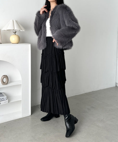 ノーカラーショート丈フェイクファージャケット | CL2256058 | グレー