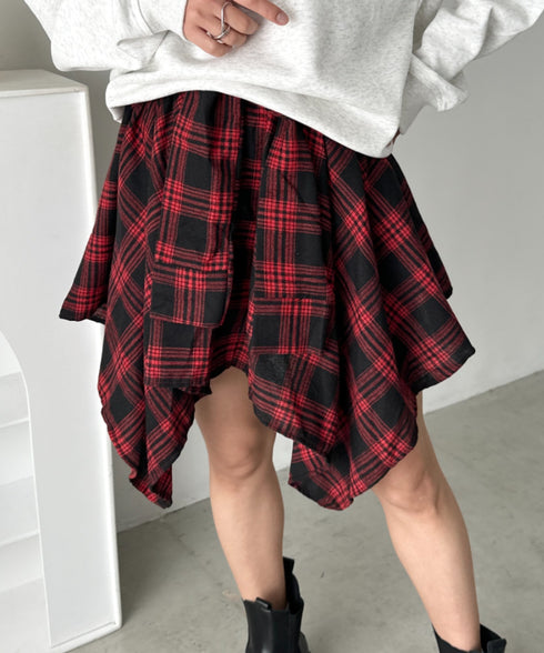 チェックシャツ巻き風ミニスカート | CL2253034 | レッド
