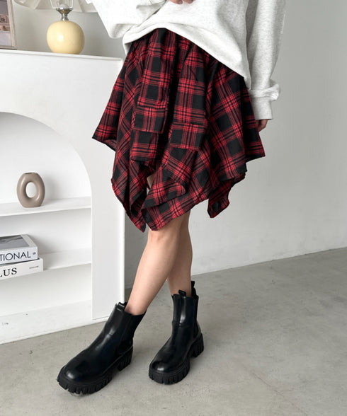 チェックシャツ巻き風ミニスカート | CL2253034 | レッド