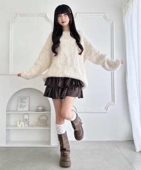 【チェック&無地】ウールライクフリルミニスカパン | LO2254034 | ブラウン系その他