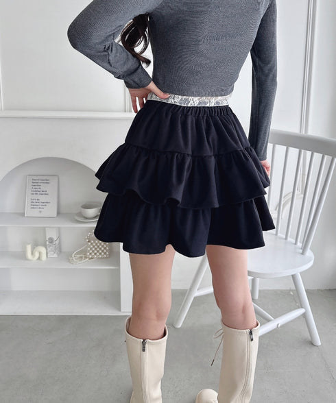 【チェック&無地】ウールライクフリルミニスカパン | LO2254034 | ブラック