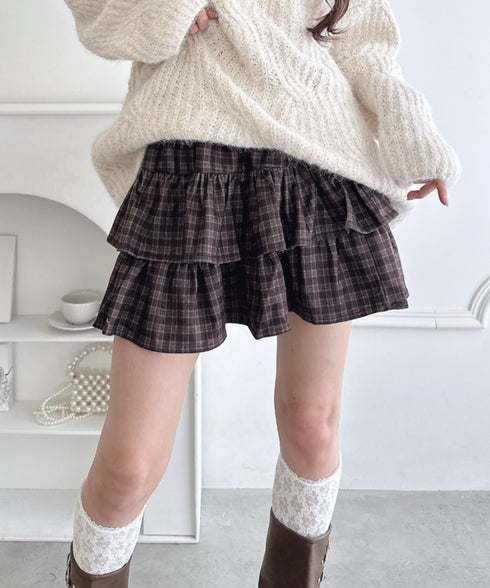 【チェック&無地】ウールライクフリルミニスカパン | LO2254034 | ブラウン系その他