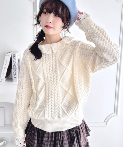 コットンレースドッキングケーブルニット | LO2256069 | アイボリー