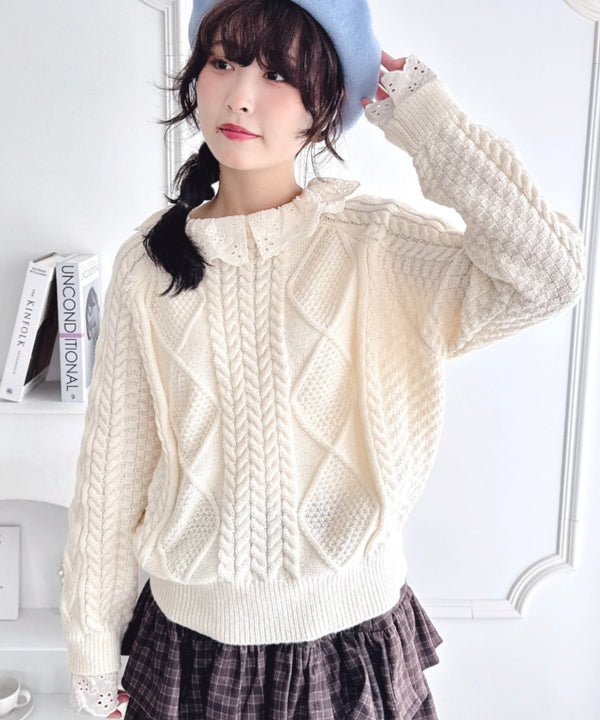 コットンレースドッキングケーブルニット | LO2256069 | アイボリー