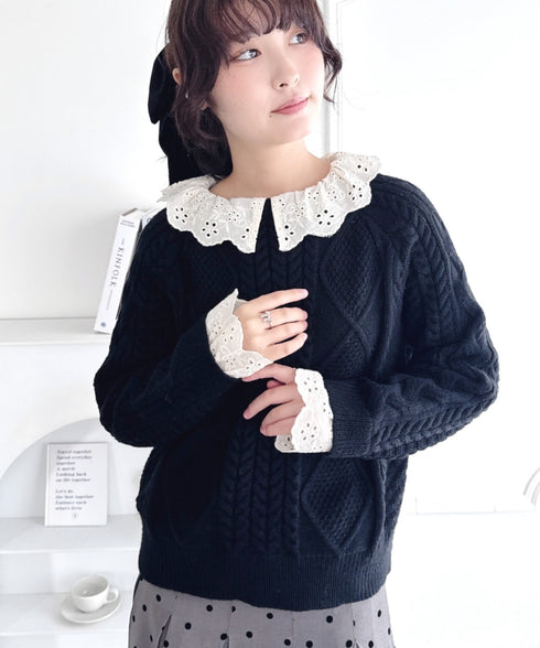 コットンレースドッキングケーブルニット | LO2256069 | ブラック