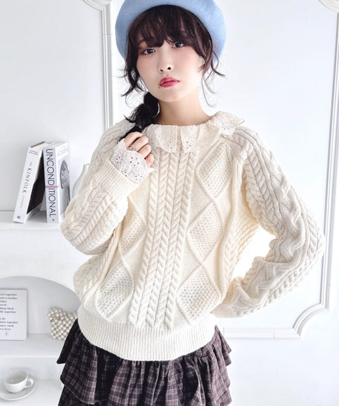 コットンレースドッキングケーブルニット | LO2256069 | アイボリー