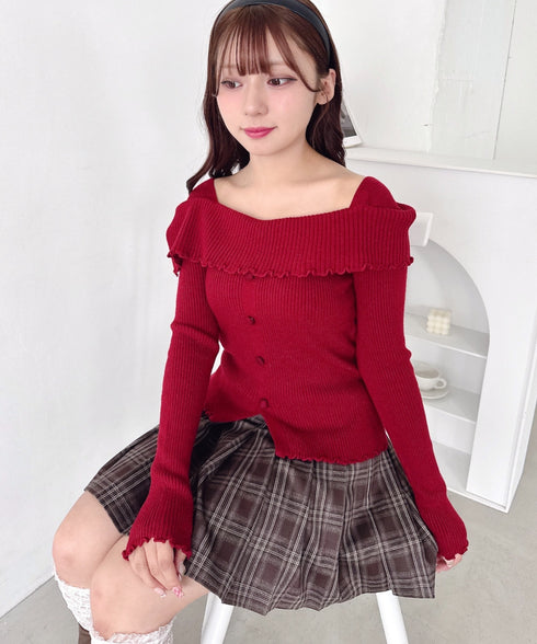 【5色展開】フロントボタンオフショル風ニットトップス | LO2256070 | レッド