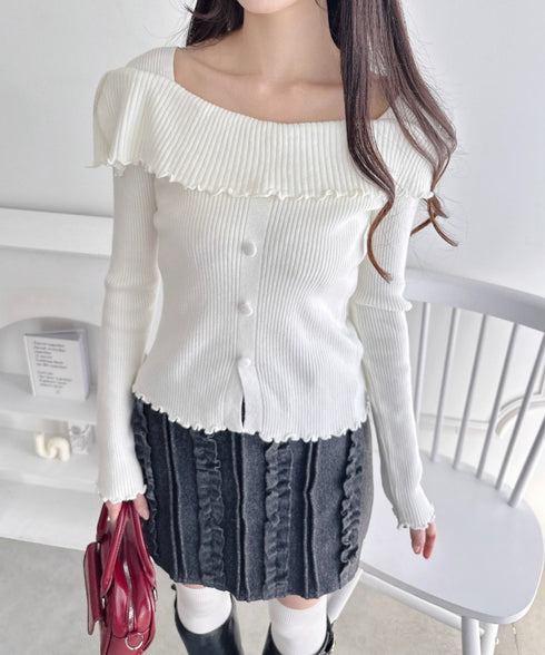 【5色展開】フロントボタンオフショル風ニットトップス | LO2256070 | ホワイト