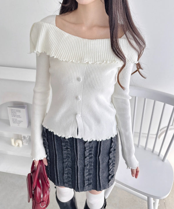 【5色展開】フロントボタンオフショル風ニットトップス | LO2256070 | ホワイト