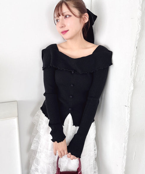 【5色展開】フロントボタンオフショル風ニットトップス | LO2256070 | ブラック