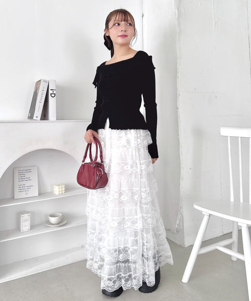 【5色展開】フロントボタンオフショル風ニットトップス | LO2256070 | ブラック