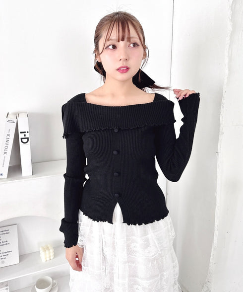 【5色展開】フロントボタンオフショル風ニットトップス | LO2256070 | ブラック