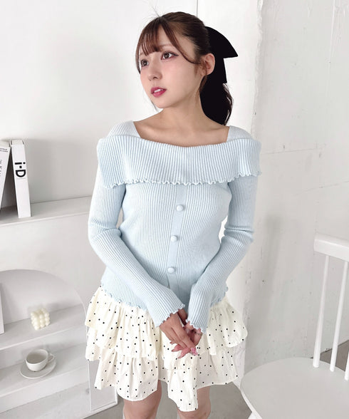 【5色展開】フロントボタンオフショル風ニットトップス | LO2256070 | ライトブルー