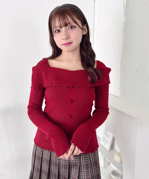 【5色展開】フロントボタンオフショル風ニットトップス | LO2256070 | レッド