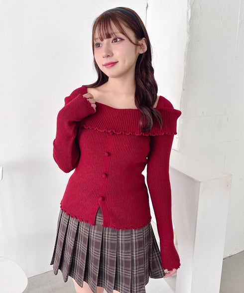 【5色展開】フロントボタンオフショル風ニットトップス | LO2256070 | レッド