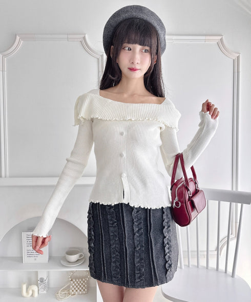 【5色展開】フロントボタンオフショル風ニットトップス | LO2256070 | ホワイト