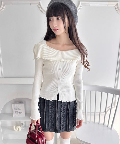 【5色展開】フロントボタンオフショル風ニットトップス | LO2256070 | ホワイト