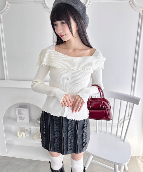 【5色展開】フロントボタンオフショル風ニットトップス | LO2256070 | ホワイト