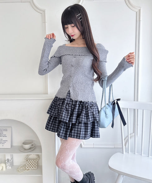 【5色展開】フロントボタンオフショル風ニットトップス | LO2256070 | グレー