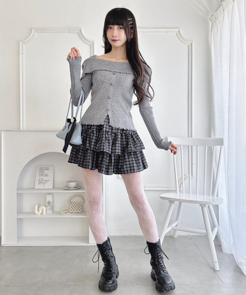 【5色展開】フロントボタンオフショル風ニットトップス | LO2256070 | グレー