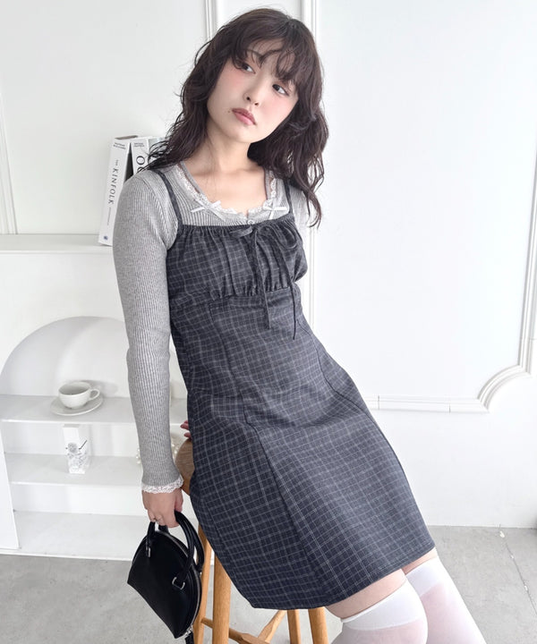 【チェック&ドット】フロントリボンミニキャミワンピース | LO2256072 | グレー