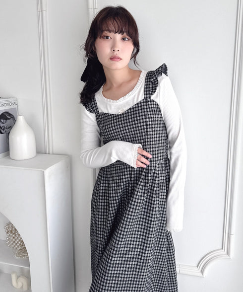フリルショルダーチェックワンピース | LO2254031 | ブラック