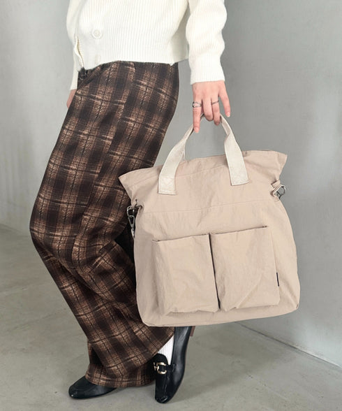 【A4収納可能】ナイロン軽量多ポケット2WAYショルダーバッグ トートバッグ | MD1256066 | ベージュ