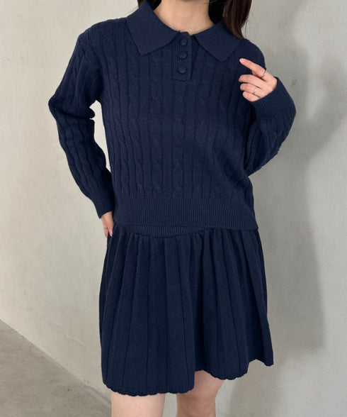 ケーブルポロニット&ニットミニスカートセットアップ | MD2256044 | ネイビー