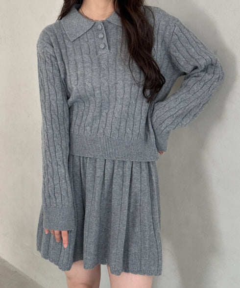 ケーブルポロニット&ニットミニスカートセットアップ | MD2256044 | グレー