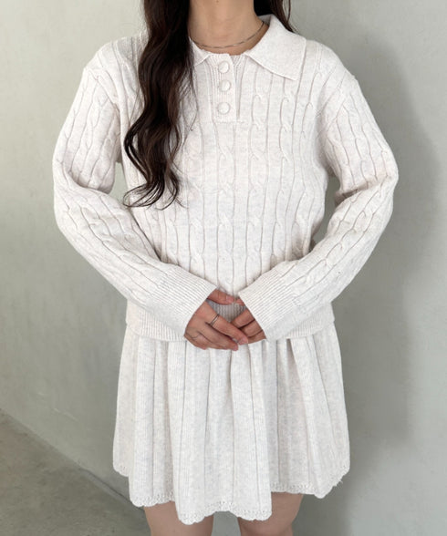 ケーブルポロニット&ニットミニスカートセットアップ | MD2256044 | ホワイト