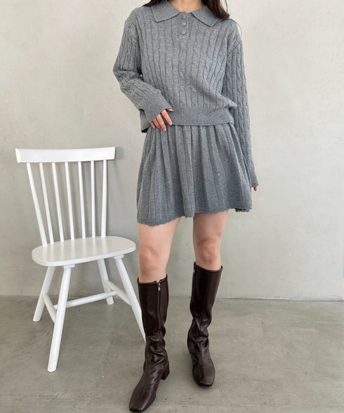 ケーブルポロニット&ニットミニスカートセットアップ | MD2256044 | グレー