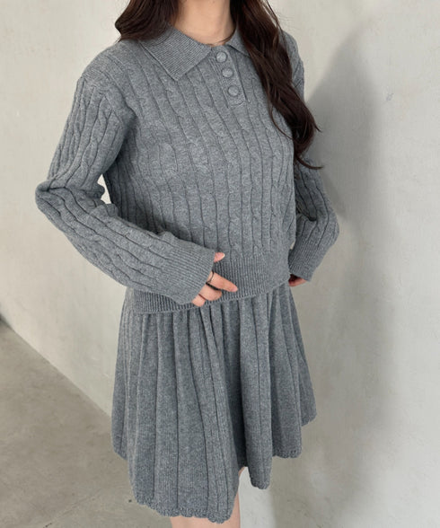 ケーブルポロニット&ニットミニスカートセットアップ | MD2256044 | グレー