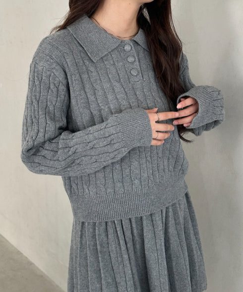 ケーブルポロニット&ニットミニスカートセットアップ | MD2256044 | グレー