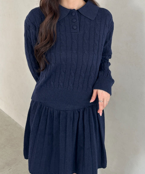 ケーブルポロニット&ニットミニスカートセットアップ | MD2256044 | ネイビー