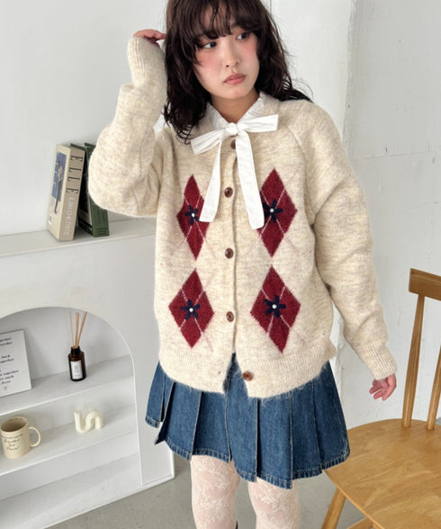 フラワー刺繍アーガイルニットカーディガン | SL2256112 | アイボリー