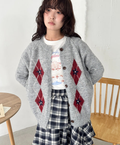 フラワー刺繍アーガイルニットカーディガン | SL2256112 | グレー
