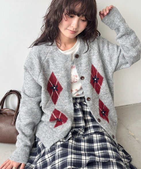 フラワー刺繍アーガイルニットカーディガン | SL2256112 | グレー