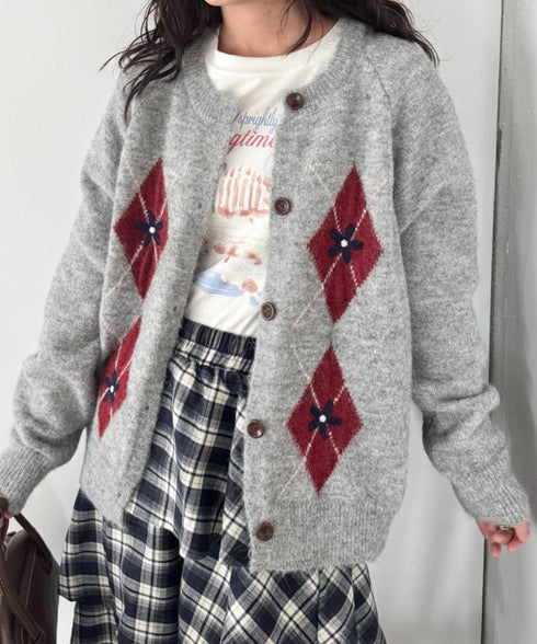 フラワー刺繍アーガイルニットカーディガン | SL2256112 | グレー